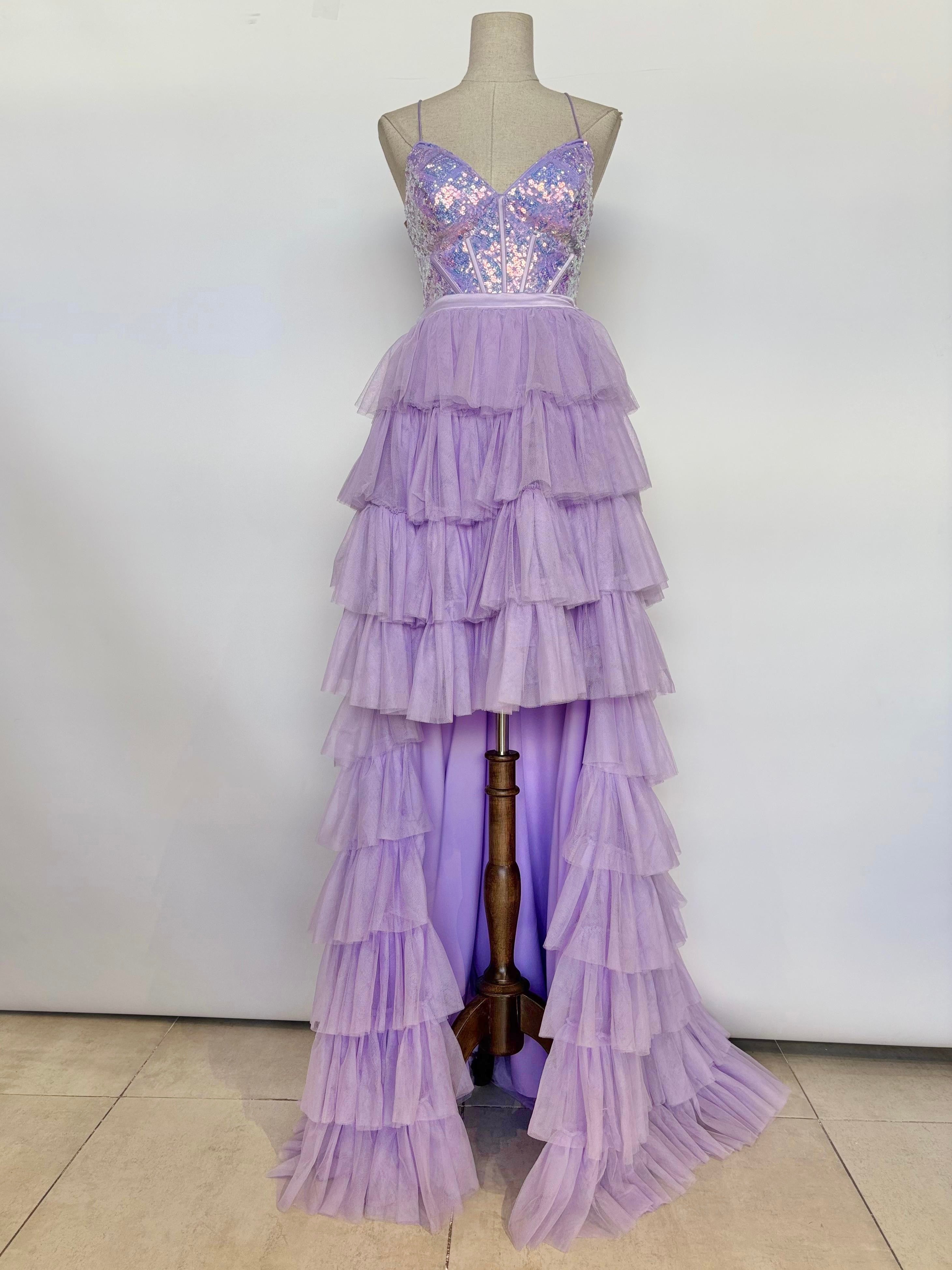 Vestido asimetrico de tul y lentuejuela 23525