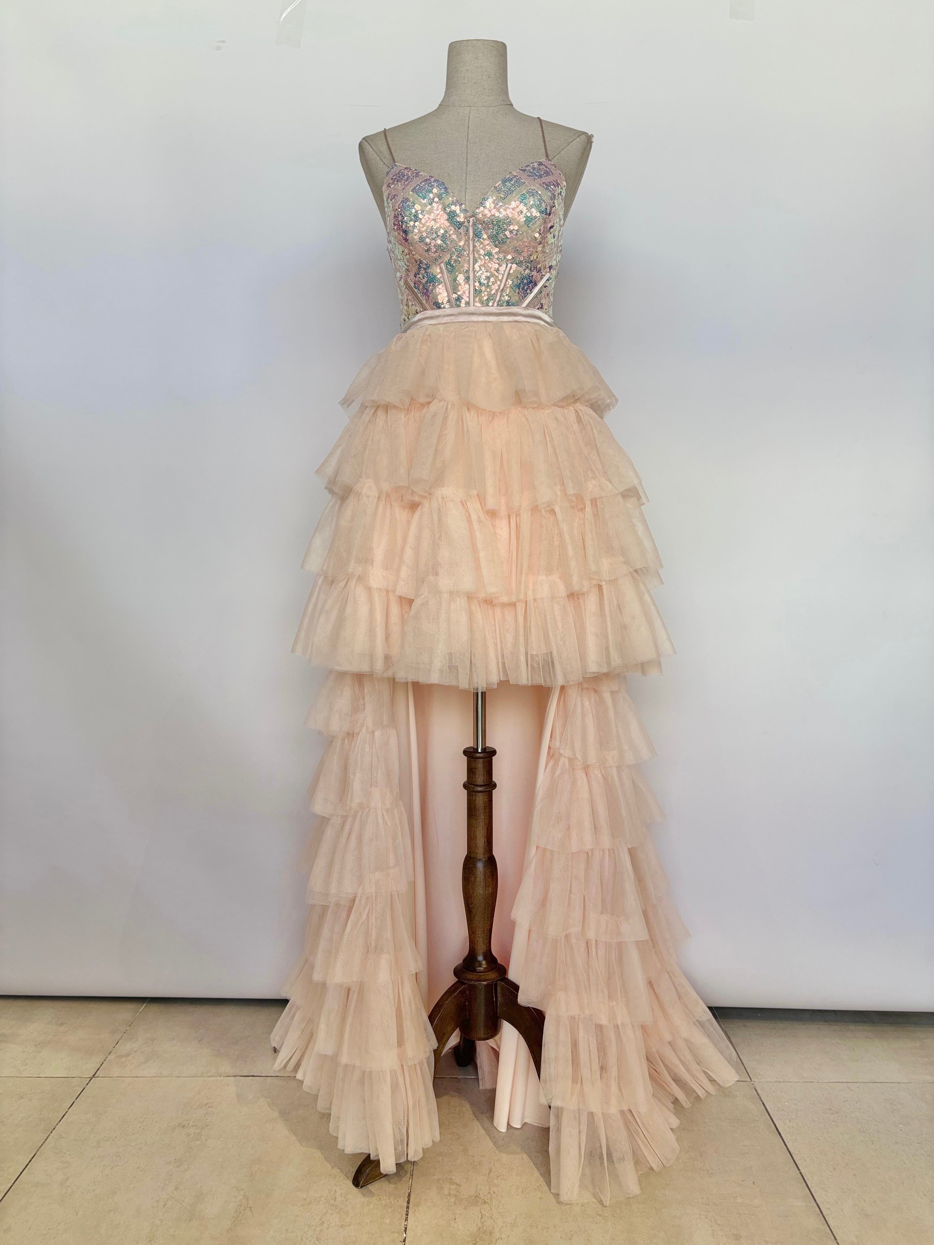 Vestido asimetrico de tul y lentuejuela 23525