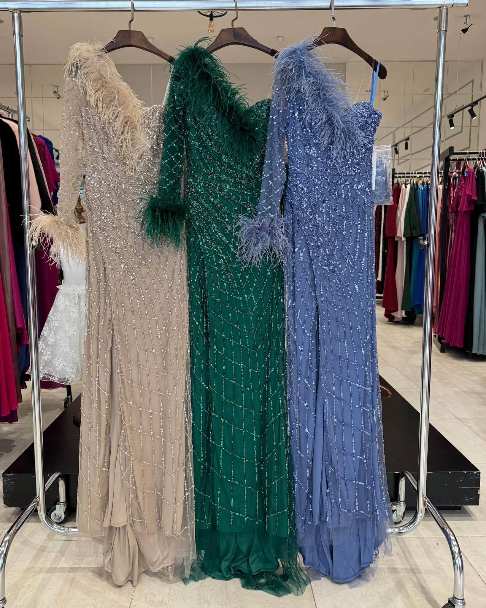 Vestido bordado con pedreria y plumas TL-5001