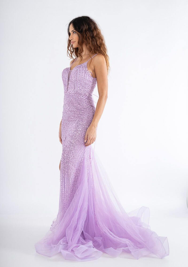 Vestido largo con bordado de pedreria F8050