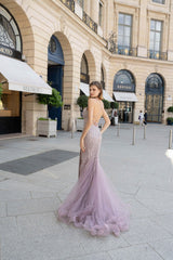 Vestido largo bordado de pedreria F8010