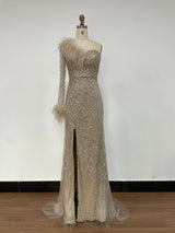 Vestido bordado con pedreria y plumas TL-5001
