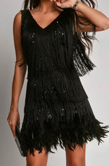 Short dress with sequins, fringes and feathers 23117