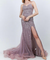 Long dress embroidered with rhinestones F8010